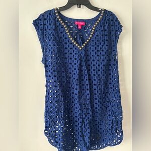 Lilly Pulitzer X Target Cover Up Women M Blue Embroidered Eylet Beaded Beach
